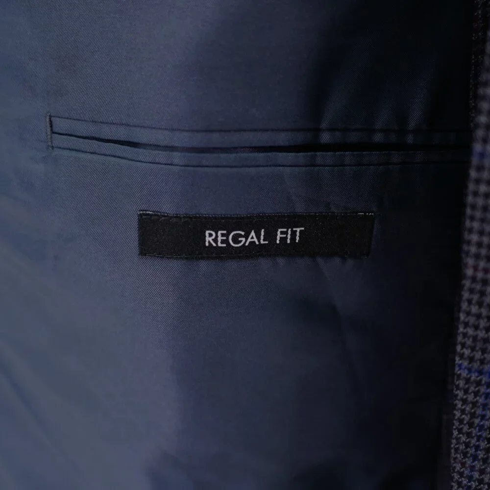 Jos‎ A Bank Regal Fit Wool Gray Black Houndstooth W/ Purple Blue Windowpane 50L